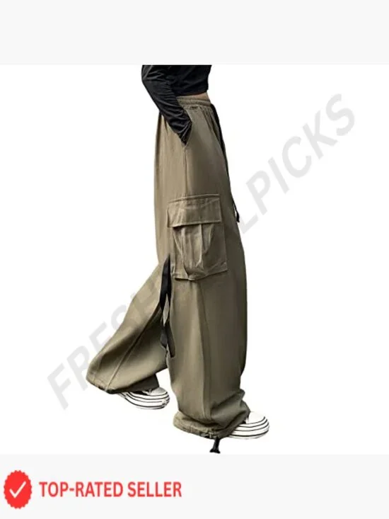 Wide Leg Cargo Pants Y2K Streetwear Baggy High Waist Drawstring Casual Pants - Picture 2 of 7